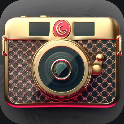 Gold and red luxury camera icon with ornate patterned body on a dark rounded square background.