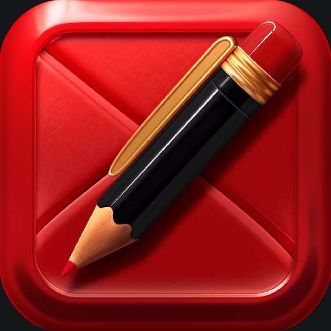 A glossy red square icon with an envelope and a diagonal pencil on top.