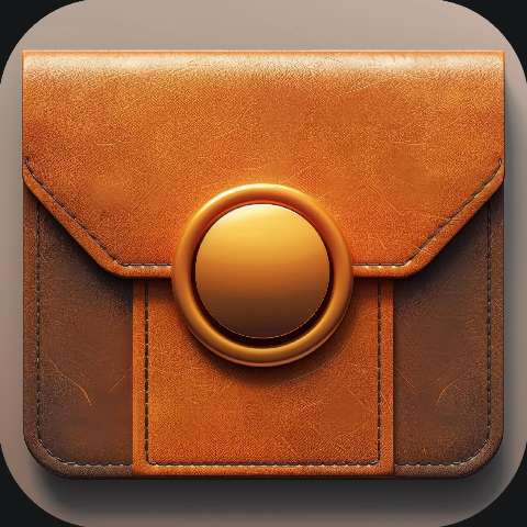 Brown leather wallet icon with a large circular gold clasp on a rounded square background.