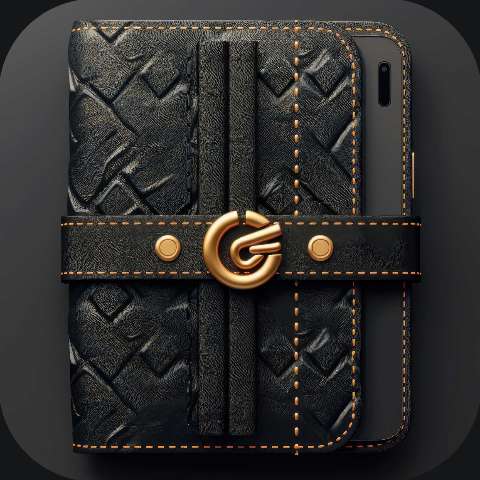 Black leather phone case with gold stitching and a gold circular emblem
