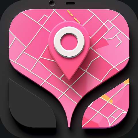 Pink navigation app icon with a location pin over folded map shapes