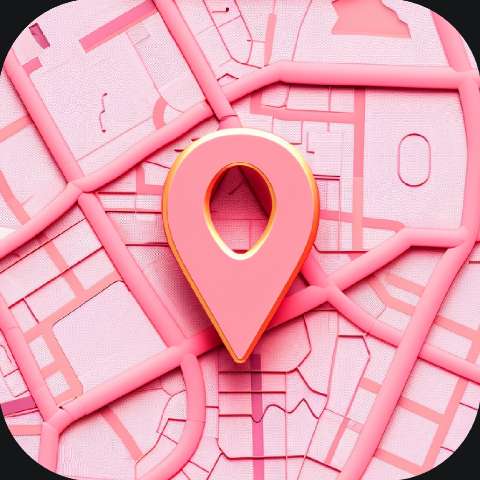 Pink 3D map pin icon on a stylized pink map background