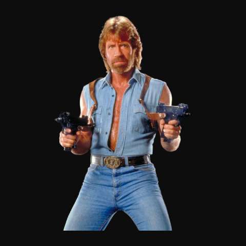 A blond action hero holding two pistols against a black background.