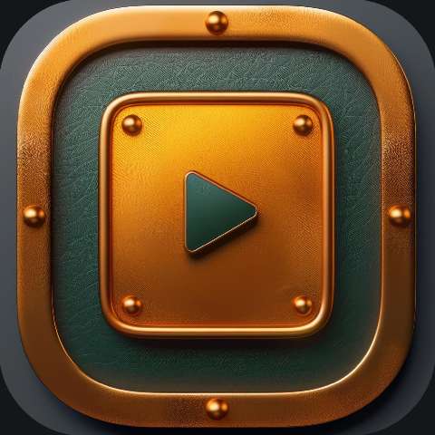 Metallic square app icon with a centered play button on a green textured background