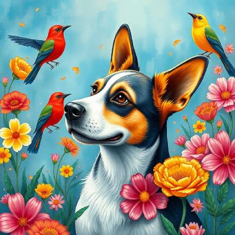 Preview for Dog-amongst-vibrant-flowers-and-birds-aistylized-template-fa6c7