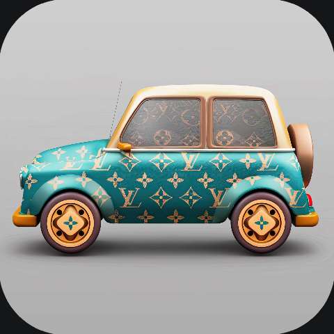 A stylized turquoise luxury car icon with gold trim and patterned windows on a gray background.