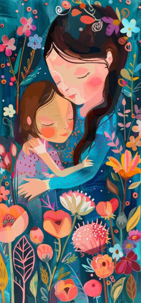 Illustrated mother hugging child surrounded by colorful flowers and leaves.