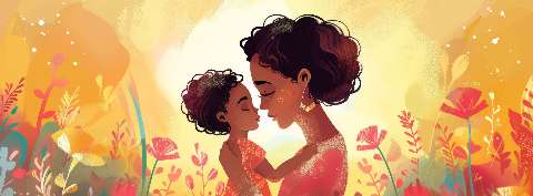 Mother and child facing each other in a colorful floral landscape