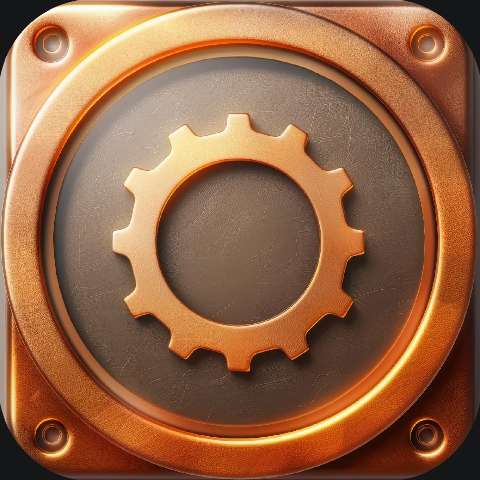 Copper metallic gear icon centered on a rounded square dark background