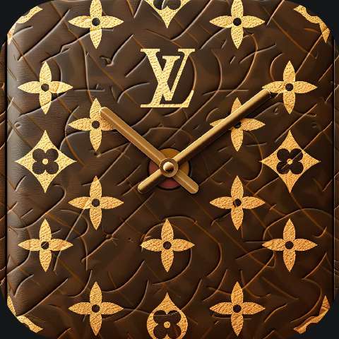 Brown and gold monogram-style wall clock with ornate luxury pattern and hands