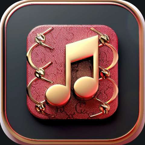 Gold music note icon on a textured red square with chain details and rounded black border