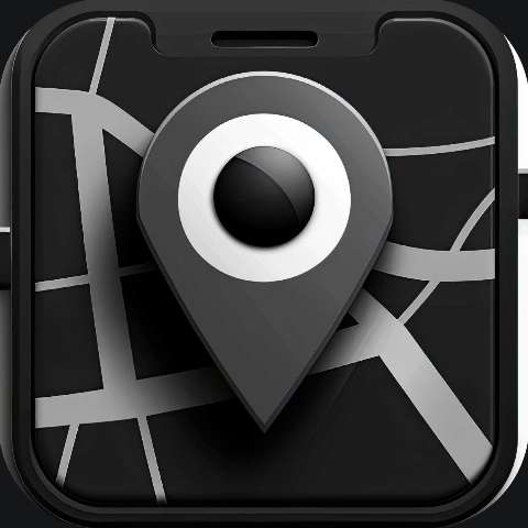 Dark app icon with a gray map pin over a black road map background