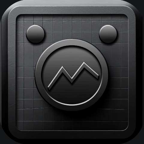 Dark square app icon with a circular finance chart symbol and metallic buttons