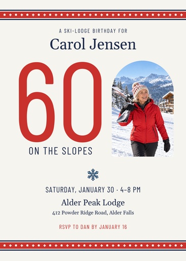 5 × 7 invitation size of Sixty on the Slopes