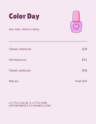 Letter menu / price list size of Color Day Nail Bar