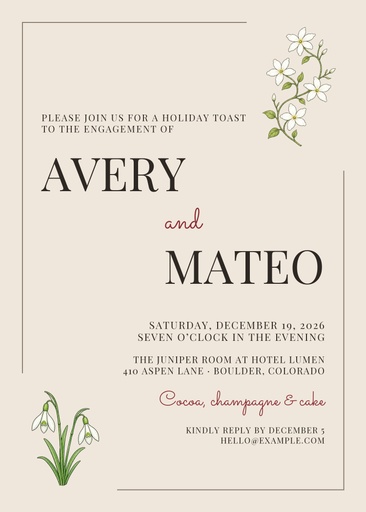 5 × 7 invitation size of Engaged for the Holidays