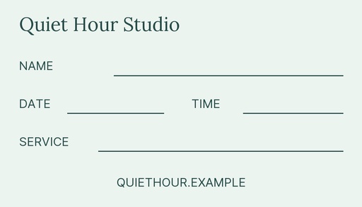 Appointment card size of Quiet Hour Studio