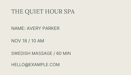 Appointment card size of The Quiet Hour Spa