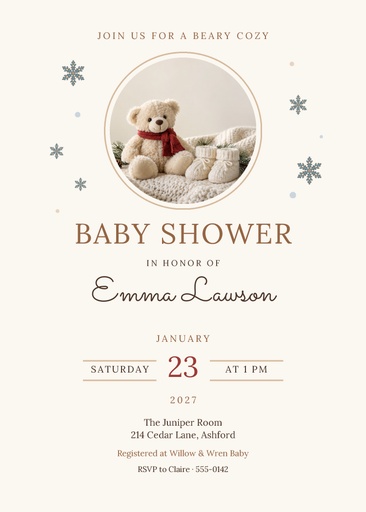 5 × 7 invitation size of Beary Cozy Baby Shower