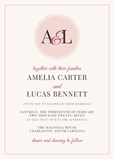 5 × 7 invitation size of Monogram in Blush