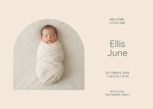 Landscape birth announcement size of Welcome, Baby Ellis