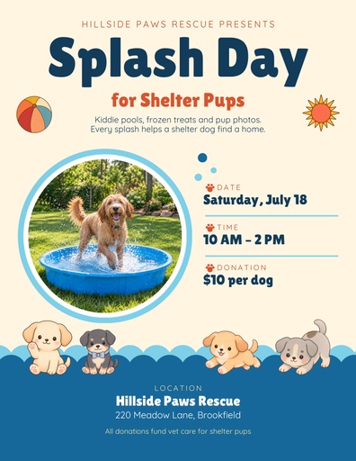 Letter flyer size of Splash Day for Shelter Pups