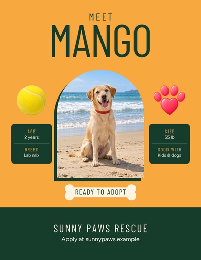 Letter flyer size of Meet Mango, Ready to Adopt