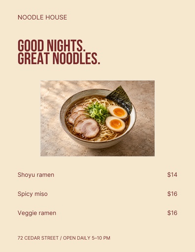 Letter menu / price list size of Noodle House Nights