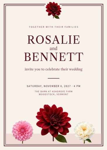 5 × 7 invitation size of Burgundy Dahlia Wedding