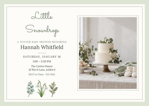 7 × 5 invitation size of Little Snowdrop Shower