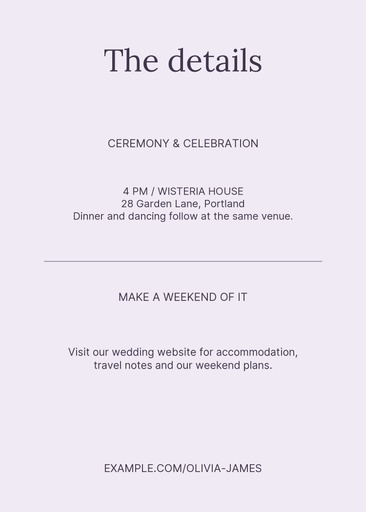 Details card size of Wisteria House Wedding