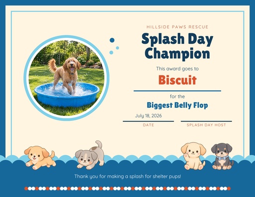 Keepsake certificate size of Splash Day for Shelter Pups