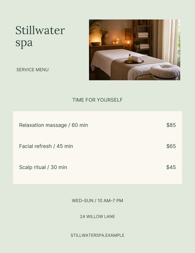 Letter menu / price list size of Stillwater Spa