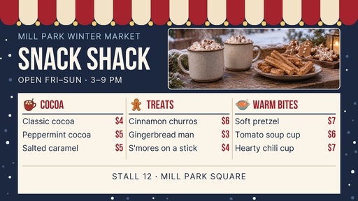 Digital menu board size of Winter Market Snack Shack