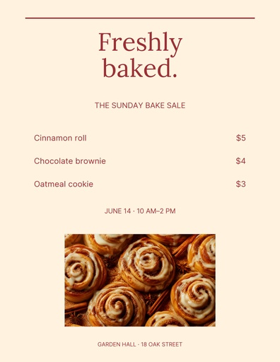 Letter menu / price list size of The Sunday Bake Sale