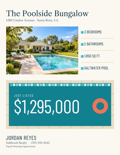 Letter flyer size of The Poolside Bungalow Listing