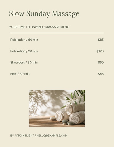 Letter menu / price list size of Slow Sunday Massage