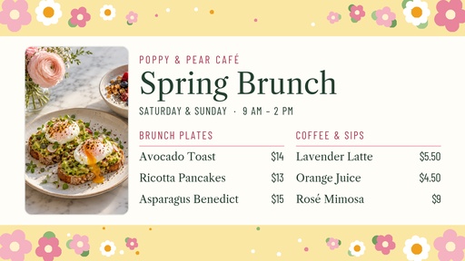 Digital menu board size of Spring Brunch Menu