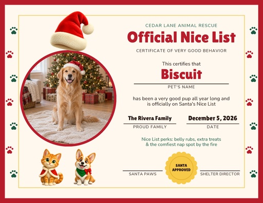 Keepsake certificate size of Santa Paws Portrait Day