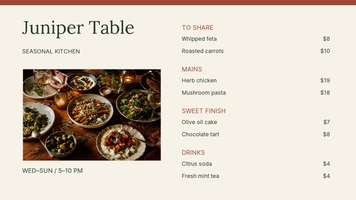 Digital menu board size of Juniper Table