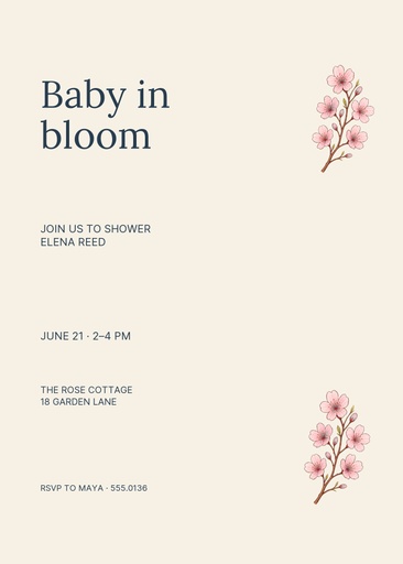 5 × 7 invitation size of Baby Love in Bloom