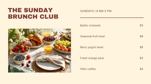 Digital menu board size of The Sunday Brunch Club