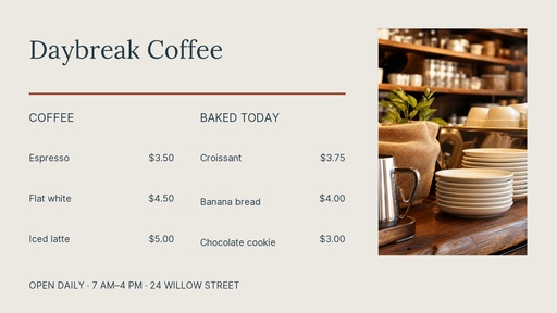 Digital menu board size of Daybreak Coffee