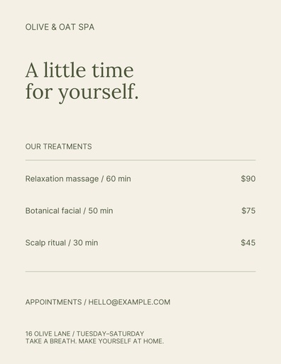 Letter menu / price list size of Olive & Oat Spa