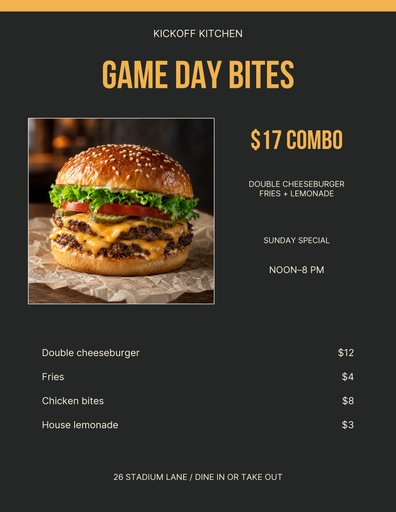 Letter menu / price list size of Kickoff Kitchen