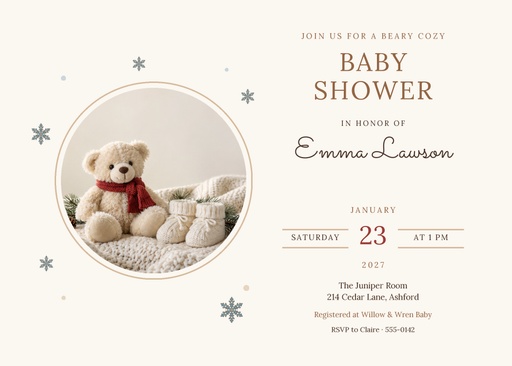 7 × 5 invitation size of Beary Cozy Baby Shower