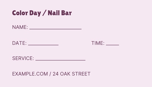 Appointment card size of Color Day Nail Bar