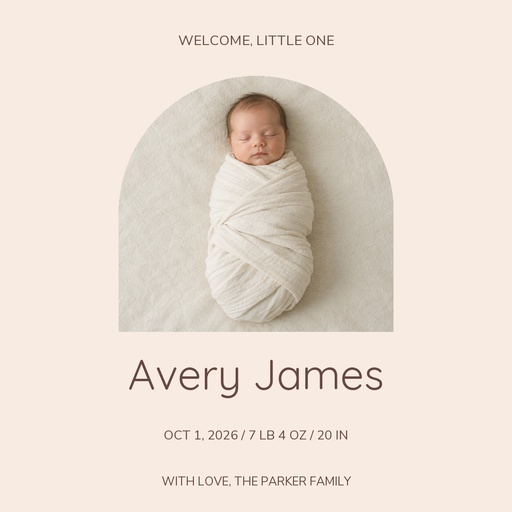 Square post size of Welcome, Little Avery