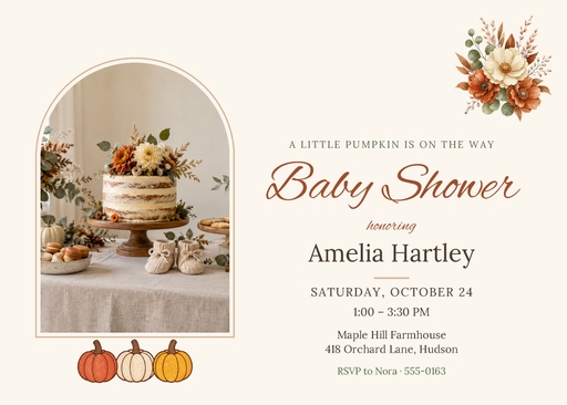 7 × 5 invitation size of Little Pumpkin Is on the Way