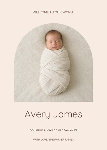 Portrait birth announcement size of Welcome, Little Avery